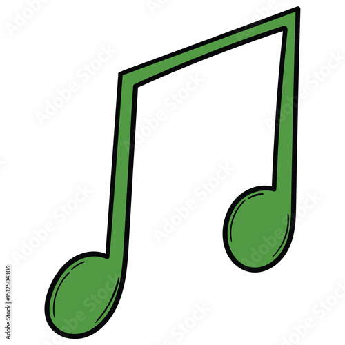 Hand drawn cartoon green musical note on white background.