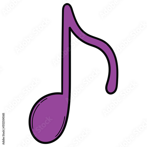 Hand drawn cartoon purple musical note on white background.