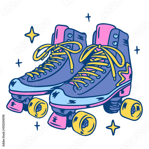 Pink and blue roller skates with yellow laces 