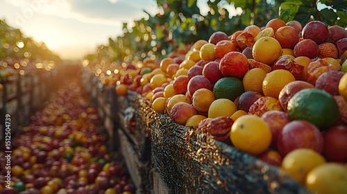 Sunlit rows of harvested colorful fruits in crates. © pete99