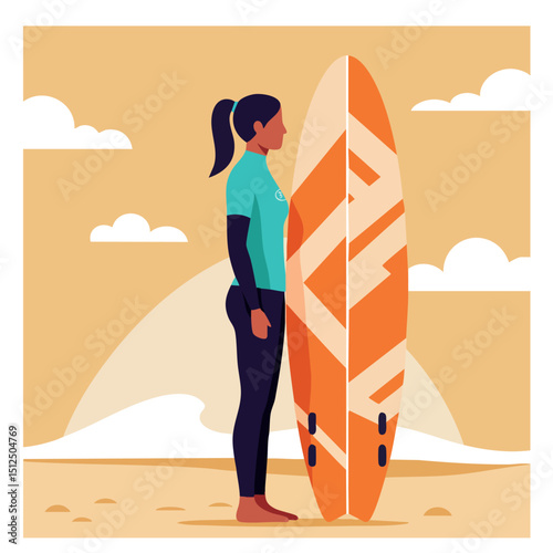Woman standing with orange and white surfboard on beach in calm sunny weather vector illustration 
