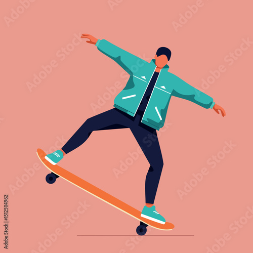 Young man performing skateboard trick in teal jacket on peach background vector illustration 