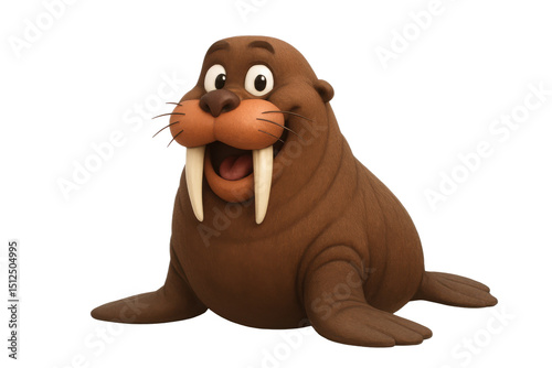 A delightful cartoon walrus smiling broadly, showcasing its impressive tusks and friendly demeanor.