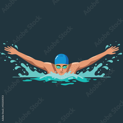 Swimmer in blue swim cap and goggles performing butterfly stroke vector illustration 