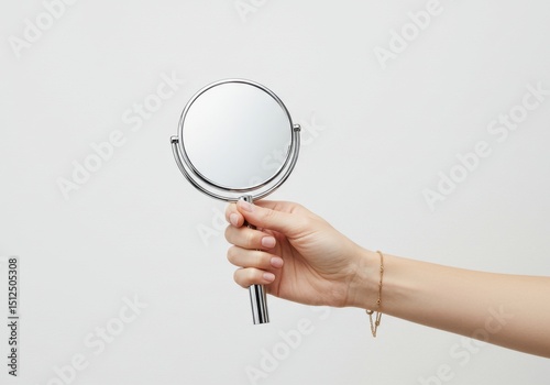 Hand holding a round mirror isolated on transparent background