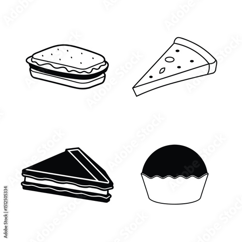 Delicious Food Icons Sandwiches, Pizza, Cake, and Muffin Illustrations