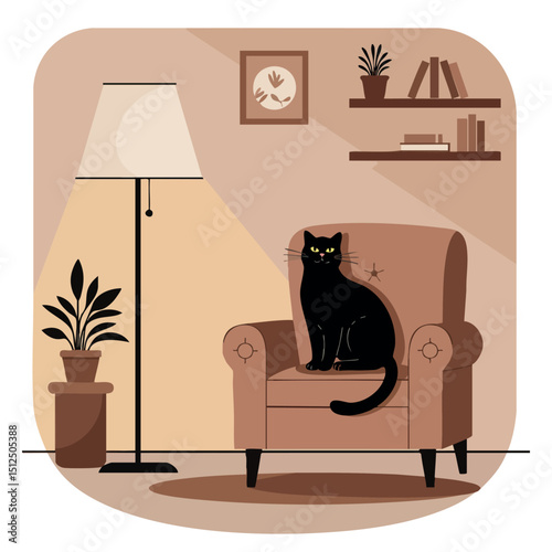 Black Cat Sitting on Brown Armchair in Cozy Living Room with Floor Lamp and Plants Vector Illustration 