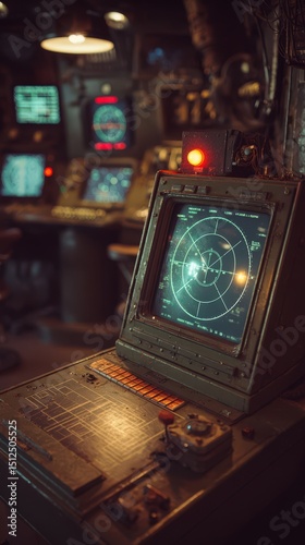 Vintage radar equipment in a dimly lit control room capturing the essence of naval history