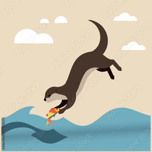 Dog Diving into Water Catching Fish Vector Illustration with Blue Waves and Beige Sky 