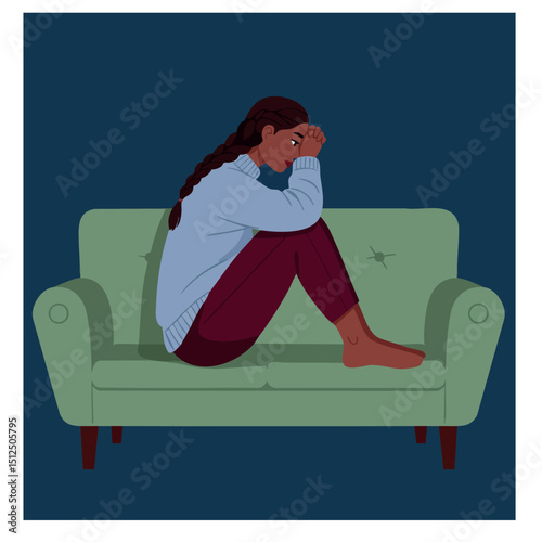 Woman sitting on green couch in blue sweater feeling sad and thoughtful vector illustration 