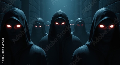 A chilling scene of cloaked figures with glowing red eyes, lurking in the shadows of a dark alley.