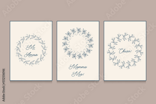 La dolce vita doodles banner or poster set with olive branches. Vector illustration hand drawn posters. Wall art prints decor. Illustration for invitations and much more