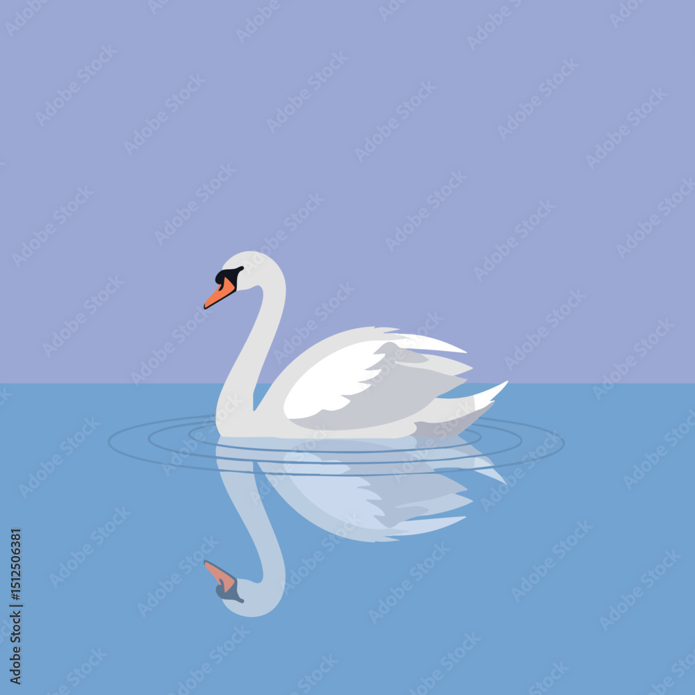 Fototapeta premium White swan swimming on calm blue water with reflection vector illustration 