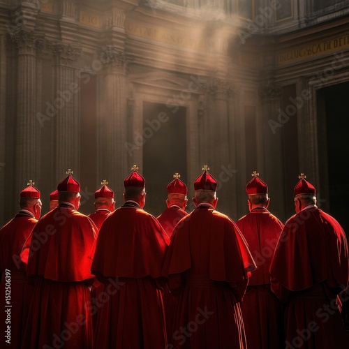 A group of cardinals in red mitres and burgundy robes, seen from behind at a papal conclave outside the Vatican Palace, with soft sunlight creating dramatic highlights and shadows.