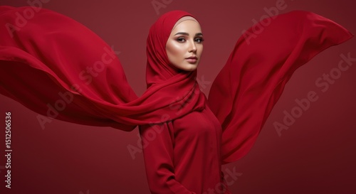 A stunning woman poses in a studio, wearing a vibrant red hijab with dynamic, flowing fabric.