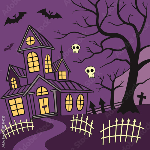 halloween banner of a haunted house with pumpkins and ghosts on an orange background