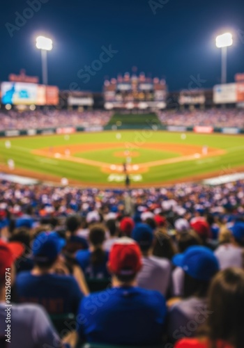 A blurry perspective of a packed baseball stadium at night, filled with spectators ready for the game.