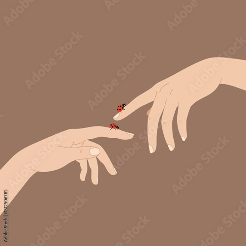Hands with ladybugs touching each other vector illustration minimal style natural colours 