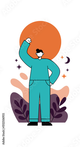 Person celebrating success with raised fist in teal clothing and orange sun background vector illustration 