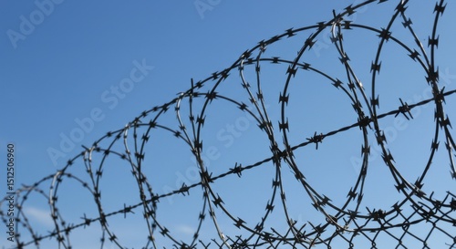 Razor wire fence against a clear blue sky, representing security and boundaries.