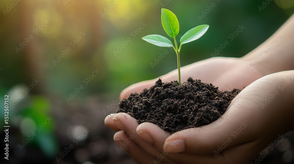 A small plant growing from soil held in hands against a blurred green background in soft focus light A small plant growing from soil held in hands against a blurred green background in soft focus light