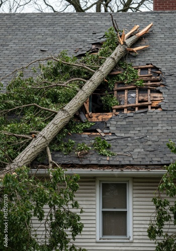 A large tree lies on a house roof, displaying significant storm damage after the storm.