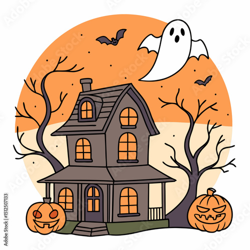 halloween banner of a haunted house with pumpkins and ghosts on an orange background