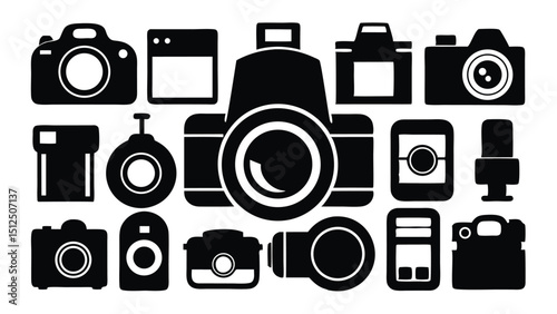 minimal silhouette icons of cameras and lenses