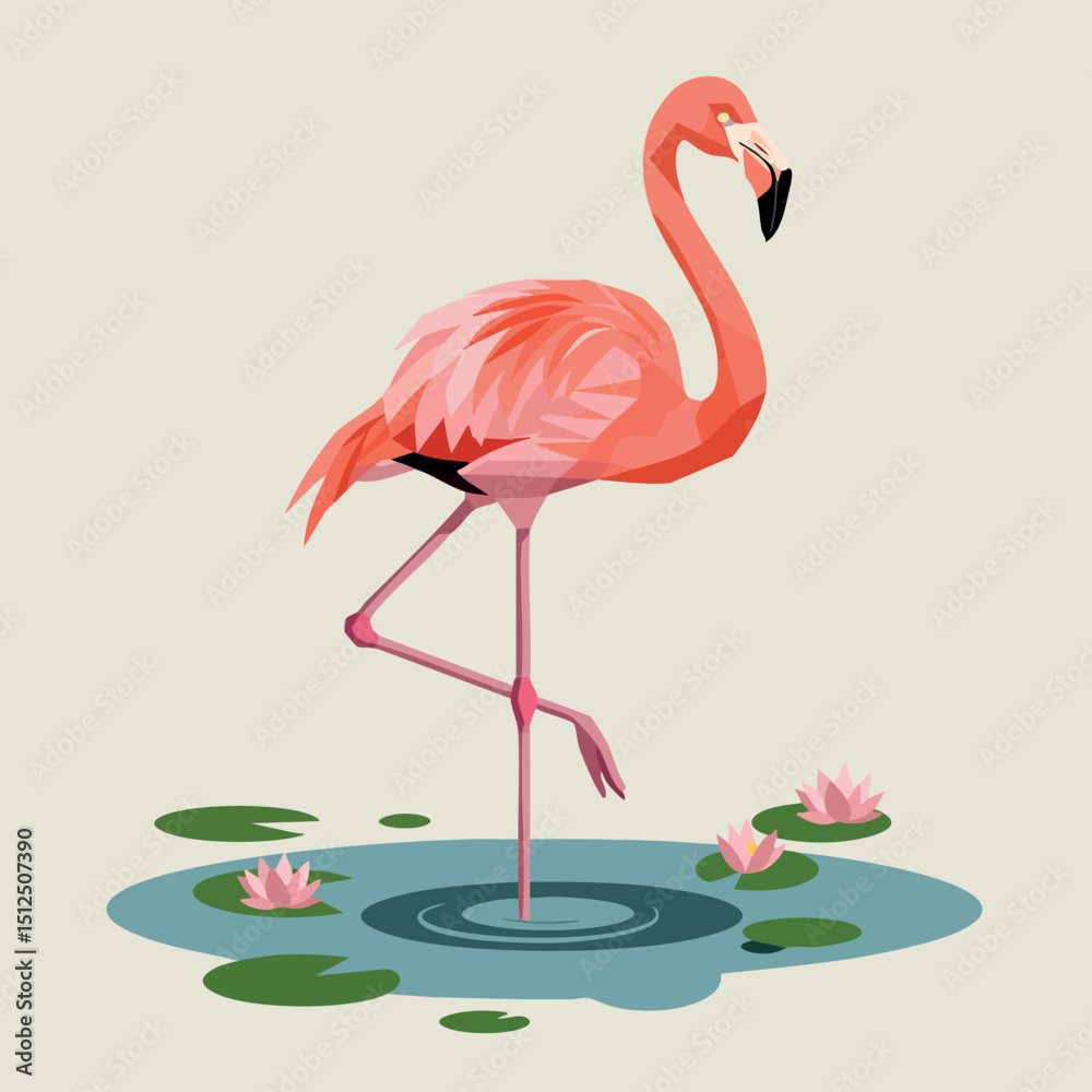 Obraz premium Pink flamingo standing on one leg in pond with water lilies vector illustration 