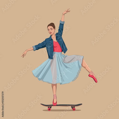 Woman in blue skirt and red shoes dancing on skateboard vector illustration graceful movement 
