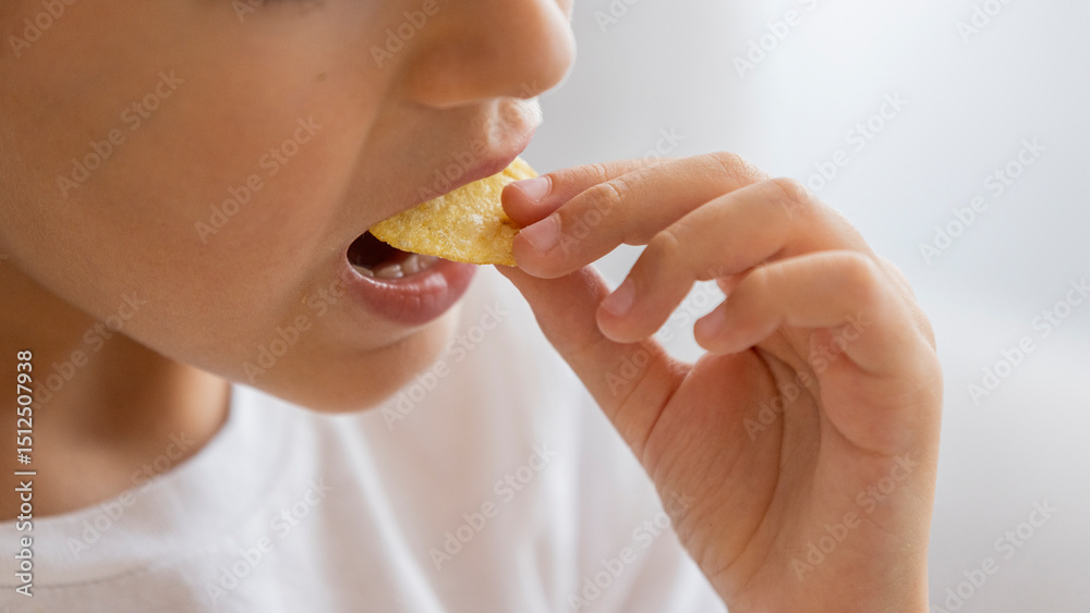 Close-Up of a Child Eating a Crunchy Snack at Home Close-Up of a Child Eating a Crunchy Snack at Home