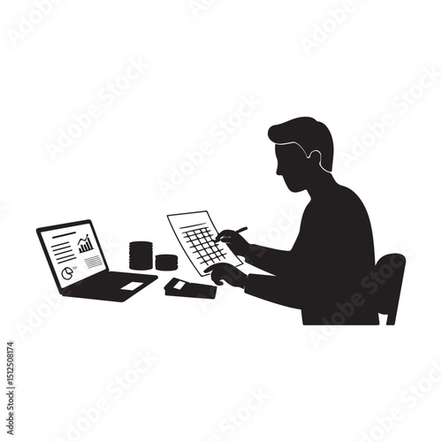 Silhouette of a person analyzing spreadsheet data with calculator at desk