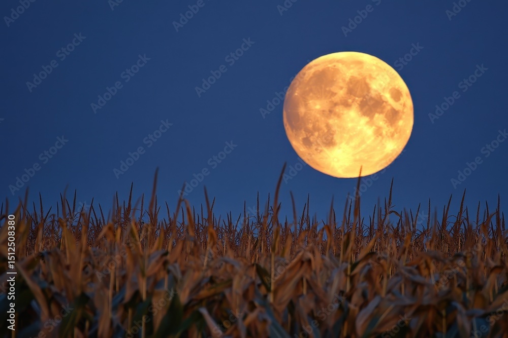 Fototapeta premium Harvest moon rises elegantly over a golden cornfield under a deep blue sky as twilight envelops the rural landscape