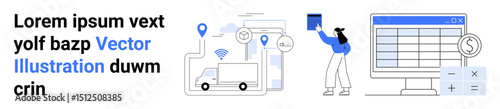 Trucks moving between map pins, layered screens with data exchange, person interacting with financial or inventory table. Ideal for logistics, data analysis, delivery services, transportation