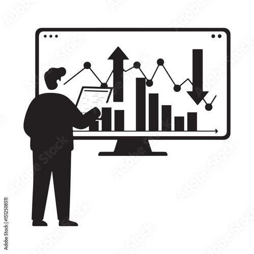 Silhouette of a person analyzing a large digital chart with upward and downward arrows