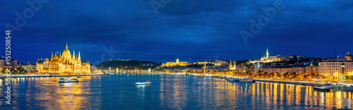 Panoramic view of Budapest, Hungary, featuring the illuminated Hungarian Parliament Building and the opposite cityscape across the Danube River, under a serene night sky with a few scattered clouds