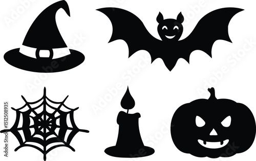 Halloween Icon Pack Featuring Witch Hat, Bat, Spider Web, Candle, and Pumpkin, Vector Silhouette Set for Holiday Decorations, Party Supplies, and Seasonal Graphics