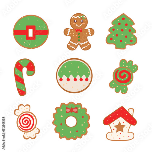 colorful christmas set of hand drawn gingerbread cookies. vector