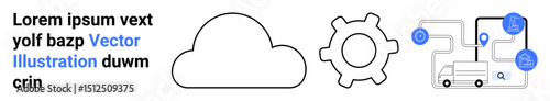 Cloud with gear and data flow linking nodes and truck. Ideal for cloud computing, automation, logistics, data management, technology innovation, network solutions, simple landing page