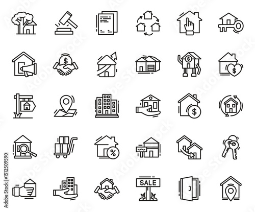 House or Real estate icon set. Containing house, key, buy, sell, loan, smart home, building, mortgage, address, renovation, land, kitchen, bedroom, living room, bathroom. Solid icon vector collection.