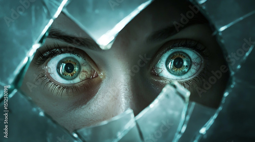 A close up of wide eyes peering through shattered glass with a cool blue color palette used photo