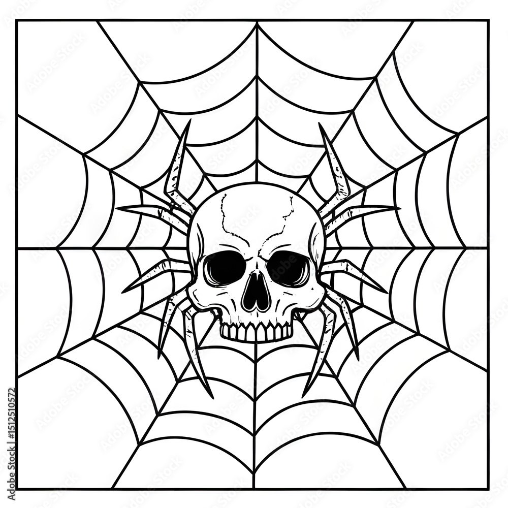 Obraz premium black and white skull spider in web line art isolated halloween horror tattoo 