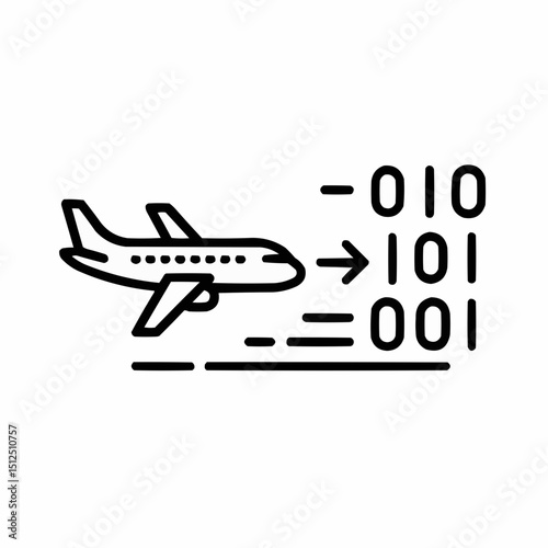 Minimal airplane turning into data stream — movement of people and ideas.