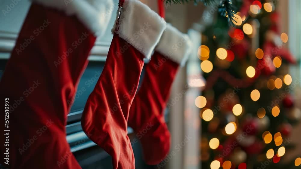 A cozy indoor scene features red holiday stockings with white cuffs, suspended above a fireplace. Softly blurred Christmas tree lights add a festive glow to the background.