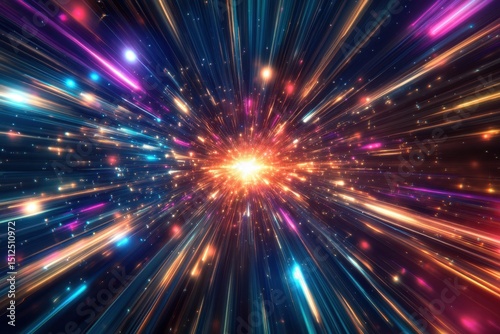 Explore the vivid light speed hyperspace warp background with colorful streaks and cosmic energy radiating outward
