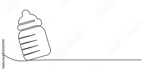 One continuous line illustration of a baby bottle, isolated on white background. Line art of baby bottle, Simple One Line Drawing of a Baby Bottle, Minimalist Child Care Design, One continuous line