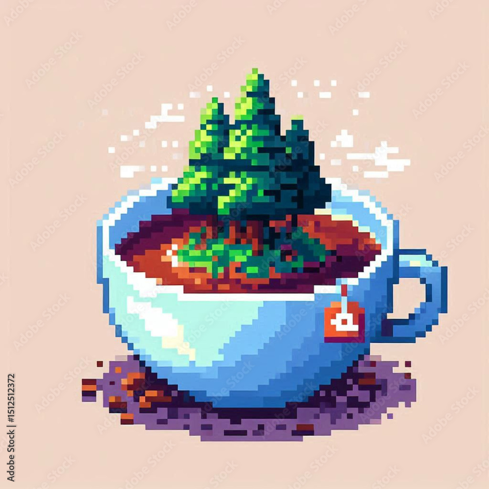 Fototapeta premium Pixel teacup with trees and leaves inside 