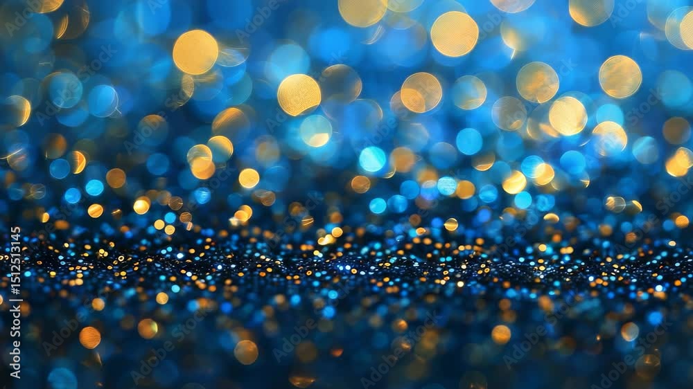 An artistic composition showcases a multitude of blurred gold and blue bokeh lights. The depth of field blurs some of the points of light, creating an abstract landscape.