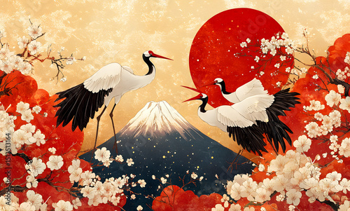 Traditional Japanese art style with cranes sakura blossoms Mount Fuji gold and red hues ukiyo-e inspired harmonious background