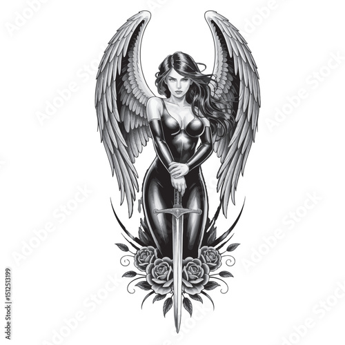 Vector illustration of an angel with feathered wings, a vintage design element often used in art and tattoo